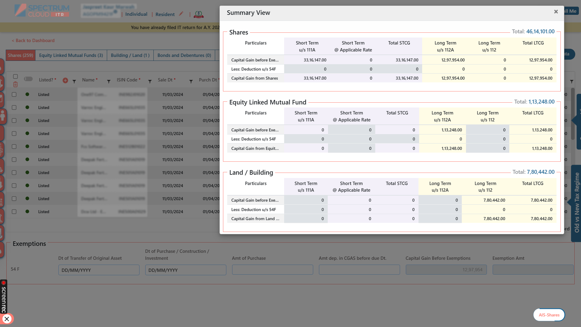 Capital gains auto classification in income tax software