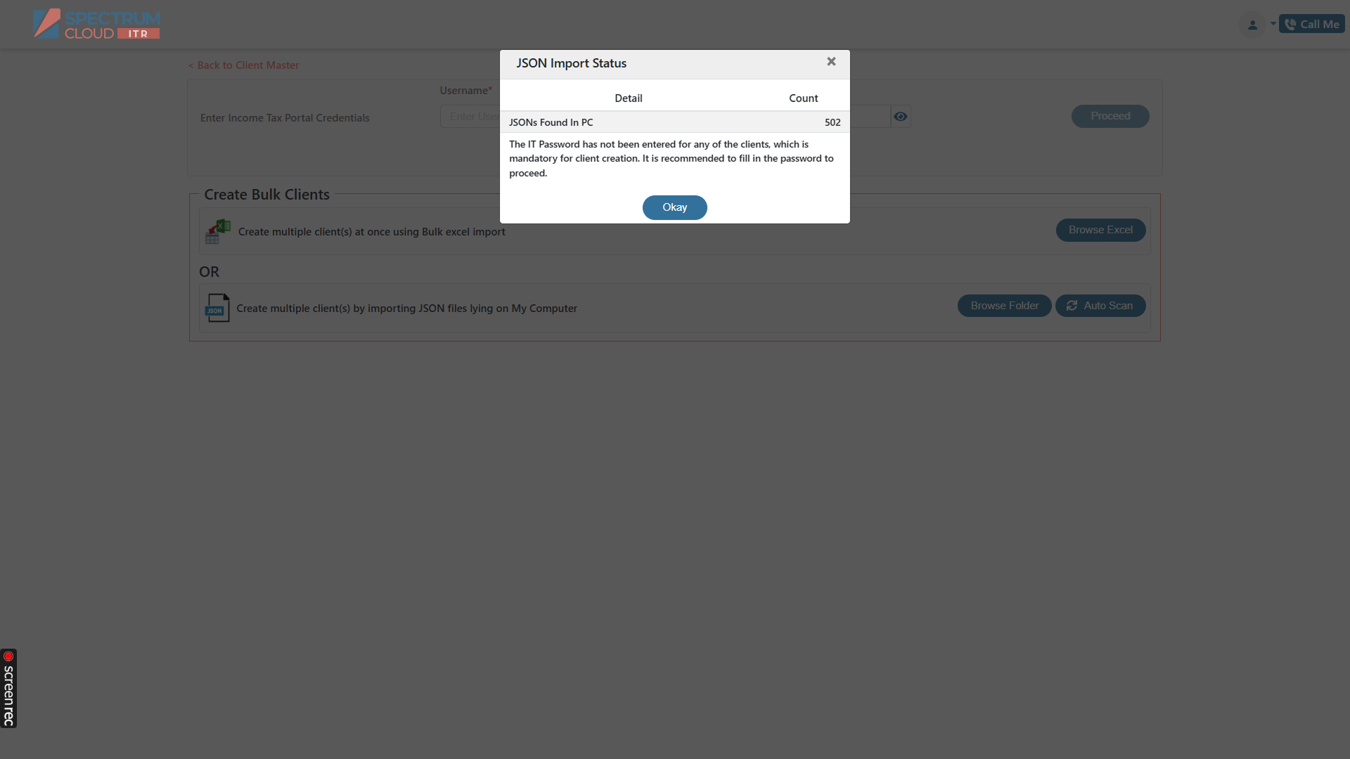 Bulk client creation for tax software users